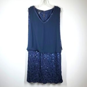 J KARA Handmade Beaded Sequins Midnight Blue Blouson Mini Dress 10 NWT